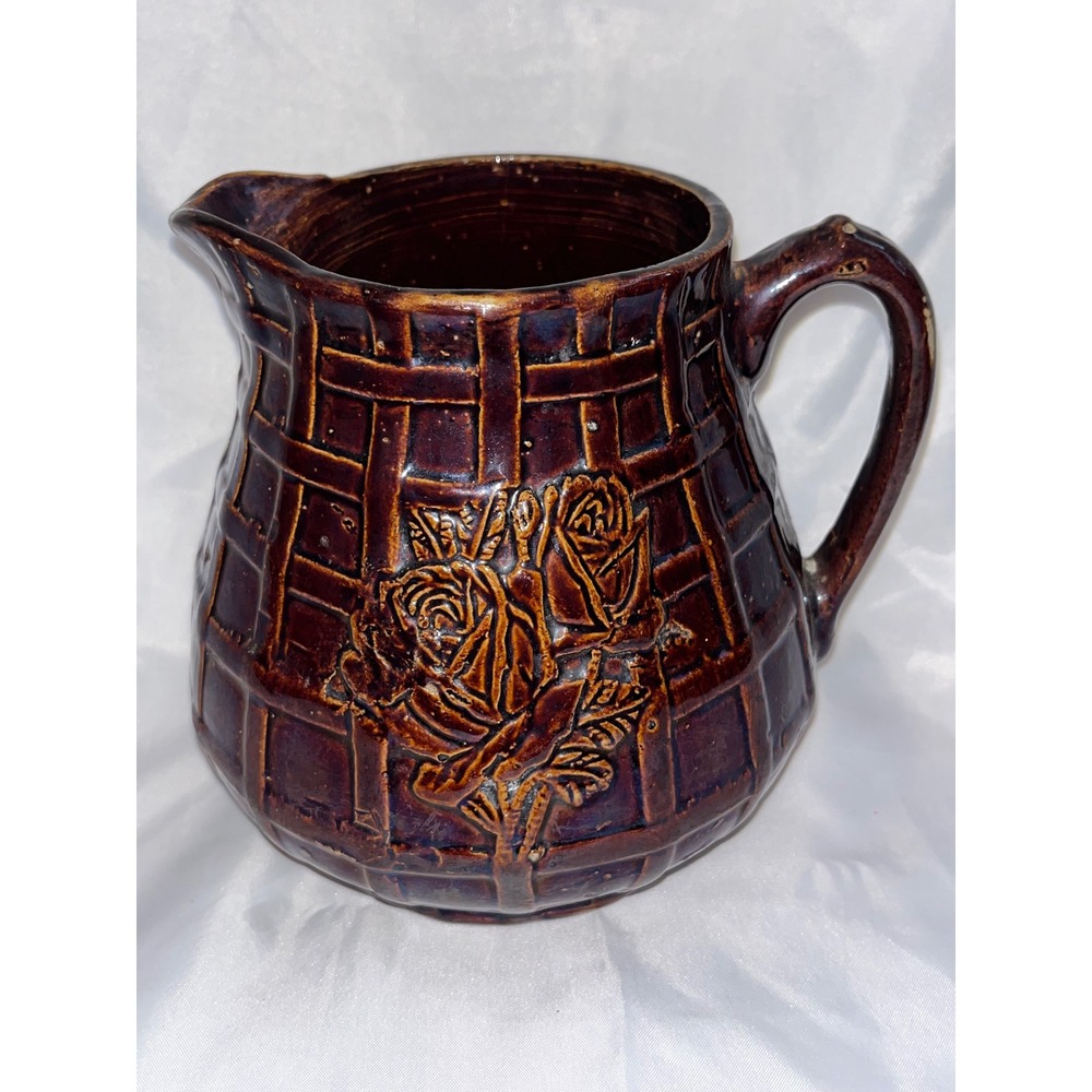 -RARE-Vintage Brown Glazed Ceramic Pitcher Basketweave Rose Floral Stoneware Jug